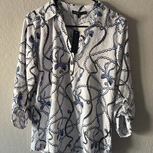 NWT White Rope Print Blouse – Roll Tab Sleeves – Size M